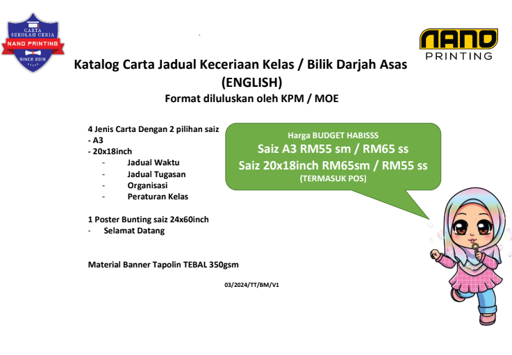 Katalog Carta Jadual Keceriaan Kelas / Bilik Darjah Asas  (ENGLISH)